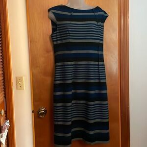 Calvin Klein blue grey and black striped lined sleeveless dress